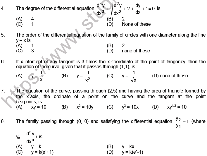 JEE Mathematics Differential Equations MCQs Set A, Multiple Choice